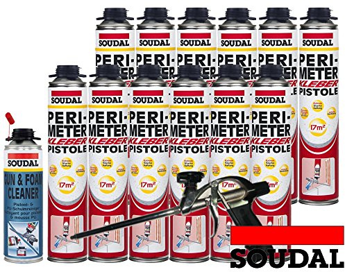 Soudal Kombi Set 12 x Perimeterkleber 750ml Dose + 1 x Soudal PU- Reiniger 500ml Dose + Schaumpistole Professionell