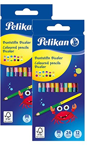 Pelikan 700146 12 Bicolor-Buntstifte, 24 Farben, rund, jeder Buntstift mit 2 verschiedenfarbigen Enden, farbig lackiert in Minenfarbe (Sortiert, 2 Stück)