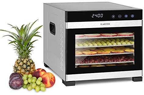 Klarstein Flavour Dry Deshidratadora de alimentos - Carcasa de acero inoxidable, 6 baldas, Temperatura 35-70 °C, Pantalla táctil LCD, 360° Airflow Circulation, Termostato digital, Frontal negro