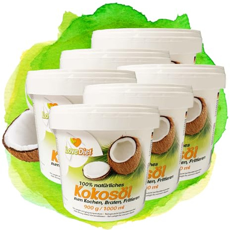 Love Diet Kokosöl/Kokosfett 6er Pack (6×1000 ml) – raffiniert & desodoriert (geschmacksneutral) – 100% Kokosöl ohne Zusatzstoffe – zum Kochen, Backen & Braten