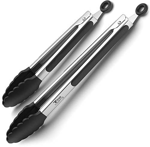 Tribal Cooking Kitchen Tongs with Silicone Tips - Stainless Steel tongs for cooking - 9 and 12 Tongs With Silicone Rubber Non Slip Grips, Heat Resistant Metal Tongs.