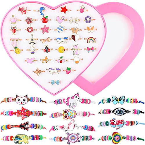 Braccialetti e Anelli Bambini, MEOWMEE 48 pezzi Braccialetto dell'amicizia delle ragazze e Regolabili Anelli per bambini Bambina Regali Bomboniere