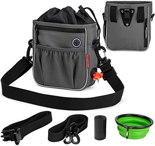 BABEYER Dog Treat Pouch Bag, Dog Walking Bag, Puppy Training Pouch with Collapsible Water Bowl, Built-in Training Clicker, Adjustable Belt and Shoulder Strap 3 Ways to Wear, Grey
