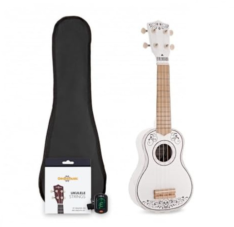 Sopran-Ukulele-Starterpaket mit Stimmgerät, Day of the Dead | Für Anfänger jeden Alters, weiche Nylonsaiten, hochwertiger Lindenholz-Laminatkorpus, stabile Stimmwirbel