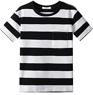 Boys Girls Cotton Short Sleeve Striped T-Shirts Kid Tee Age 4T 5 6 7 8 9 10 11 12 Crew Neckline Shirt, Black and White, Age 5-6 Years