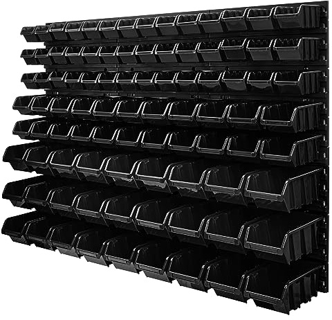 Panneau porte - outils 116 x 78 cm 91 boîtes de Rangement empilables en Plastique bacs a bec en noir pour Garage, Atelier, Banc de traiavail, system murale modulable, crochets a outils, supports