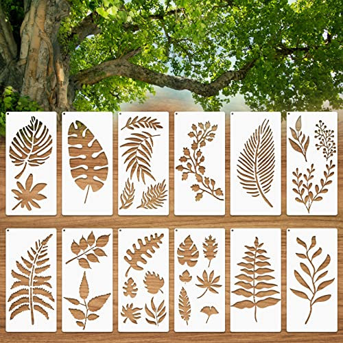 Grevosea 12 Stück Blatt Malerei Schablone Wiederverwendbare Blätter Schablone Tropische Blätterschablonen Farnblatt Monstera Palmblatt Wandschablone Blatt für DIY Basteln Wand Dekoration(15X30cm)