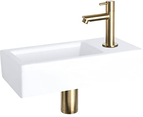 Differnz Helios Waschbecken klein, Handwaschbecken Keramik Weiß, Gold Armaturen Wasserhahn Rechts, Waschtisch, Warm- und Kaltwasserhahn – 37.5 x 18 x 9.5 cm