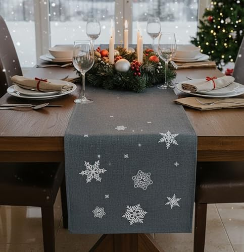 KAMACA Tischläufer 40x150 cm mit filigraner Stickerei Küche Esstisch Tisch Dekoration Eyecatcher Herbst Winter Weihnachten (Schneeflocken anthrazit 40x150)