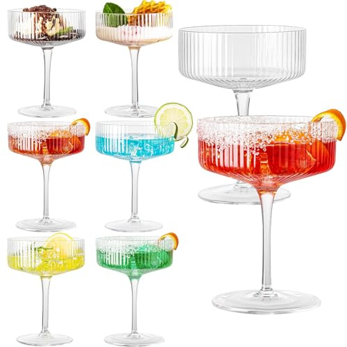 wookgreat Vintage Art Deco Coupe Glasses, Set of 6 Ribbed Coupe Cocktail Glasses, 10 oz Classic Martini Glasses, Elegant Hand Blown Manhattan Goblet for Bar, Martini, Cosmopolitan, Gimlet, Pisco Sour
