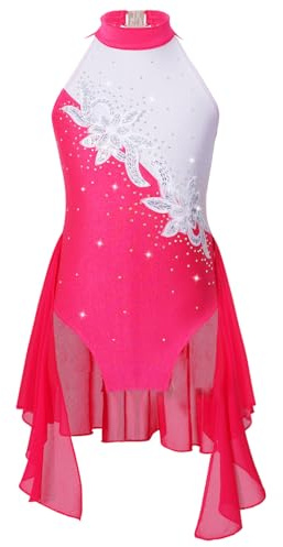 Freebily Abito da Pattinaggio Artistico Bambina Paillettes Abito da Ballo Lirico Contemporaneo Senza Maniche Strass Body Danza Classica Moderna Vestito da Balletto Rosa 5-6 Anni
