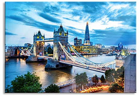 Pixxprint Glasbild, Wandbild aus Echtglas, Beleuchtete Tower Bridge am Abend, 100x70 cm, inkl. Aufhängung und Abstandshalter