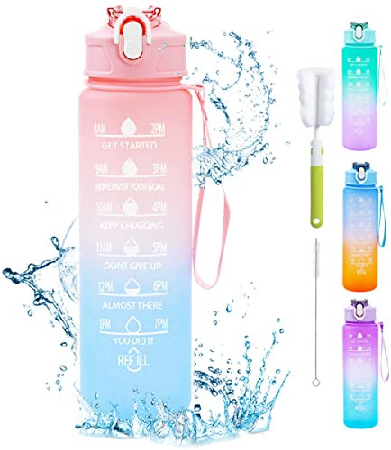 XZMCAT Gourde 750 ml, Gourde Sport avec Marqueur de Temps, Gourde avec Paille, Bouteille d'eau étanche avec Couvercle Sans BPA, Water Bottle pour Sport, Gym, Bureau, Course à Pied (Rose)