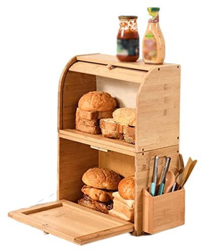 POCHY Mode Brotkästen Hochwertiger Brotkasten aus natürlichem Bambus, doppelschichtig mit Brothalter aus Silberbesteck, zur Aufbewahrung von Brot SchönGroßzügig