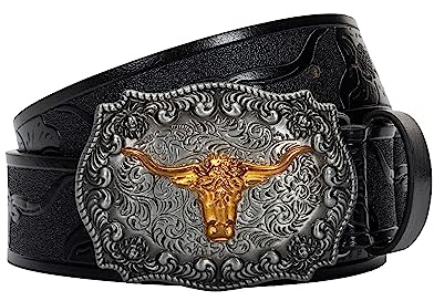 Eohak Herren-Western-Cowboy-Gürtel – Longhorn-Bull-Pattern-Schnalle, Blumen-Gravur, Schnalle, Gürtel passend für Taille 63,5 cm bis 96,5 cm, Schwarz, Fit Waist 31-34 in