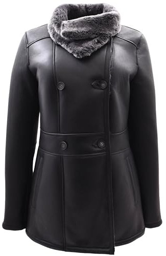 Divergent Retail Harriet Damen-Mantel aus weichem Schaffell, zweireihig, Pelzkragen, Schwarz, Schwarz , 34