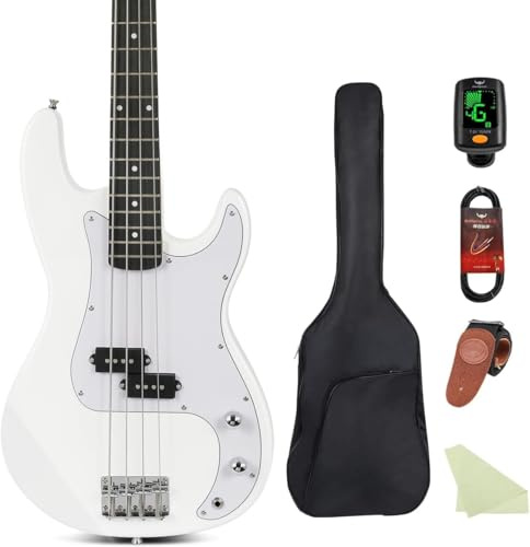 Bullstar Electric Bass Guitar 4 Strings Full-Size Standard Bass PB-Style Beginner Kit Black for Starter with Gig Bag Guitar Strap and Guitar Cable(PB-White)