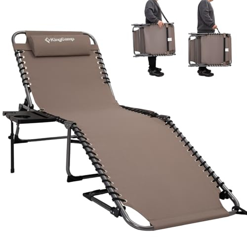 KingCamp Folding Chaise Lounge Chair for Outside Beach, Sunbathing, Patio, Pool, Lawn, Deck, Lay Flat Camping Reclining Lounge Chair with Pillow & Side Table （1 Pack, Beige）