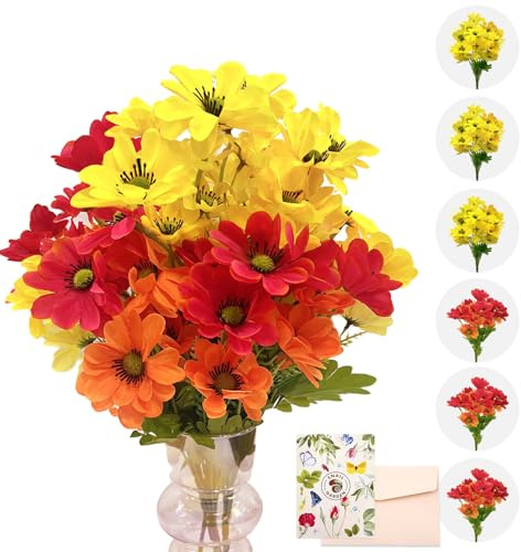SNAIL GARDEN 6 fasci di 84 teste di margherite artificiali in 4 colori, resistenti ai raggi UV, fiori finti in seta sintetica per decorazione, fiori di campo artificiali per interni ed esterni, casa,
