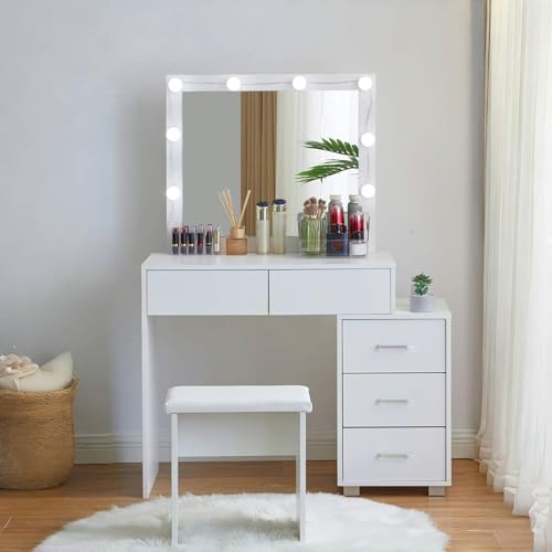 CLIPOP Schminktisch, LED, 5 Schubladen, Ausziehbarer Schrank,weiß | Mit Spiegel, verstellbare Helligkeit, moderner Frisiertisch, Kosmetiktisch, für Schlafzimmer, viel Stauraum, 80*40*135 cm