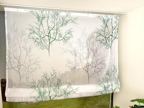 Devola Raffrollo Zweige Gardinen mit Druck Raffgardine Landhaus Rollos für Fenster Küchenvorhang Kurz Transparent Modern Fenstergardinen Wohnzimmer HxB 140x80cm Grün mit Klettband 1 Stück