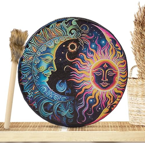Tambor de mano chamánico - Tambor indio, tambor de mano chamán de cuero PU hecho mano | Herramientas redondas de chamán con tono grande, martillo de madera vintage incluido, accesorios de música esp