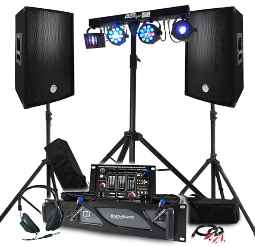 Pack Sono BM Bmsonic Amplificateur 2000W, Paire d'Enceintes 2x600W, Table de Mixage, Portique + 48 Effets lumières Euphoria