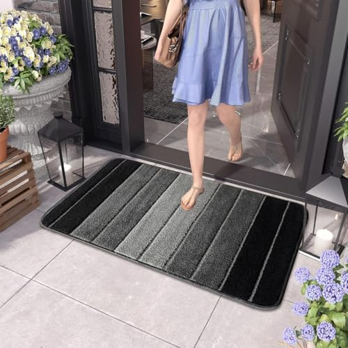 B&B Stripe Door Matts Indoor - Modern Non-Shed Distressed Non Slip Washable Mat for Kitchen Front Door Entrance Mat Hallway Bedroom Living Room Entryway Floor Mat (50x80 cm, Grey Black)