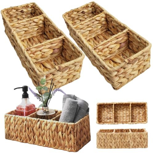 Panier De Jacinthe D'Eau 2pcs 3 Compartiments TisséS De Rangement Tissé Des Paniers De Rangement Naturel Rustique Panier De Jacinthe Pour Toilettes Serviette De Serviette à La TéLéCommande