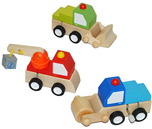 alles-meine.de GmbH 9 STK. Aufziehauto aus Holz - Auto zum Aufziehen und Fahren - Holzauto Autos Kipper Bagger LKW Kran - Aufziehfahrzeug/Fahrzeug - für Kinder
