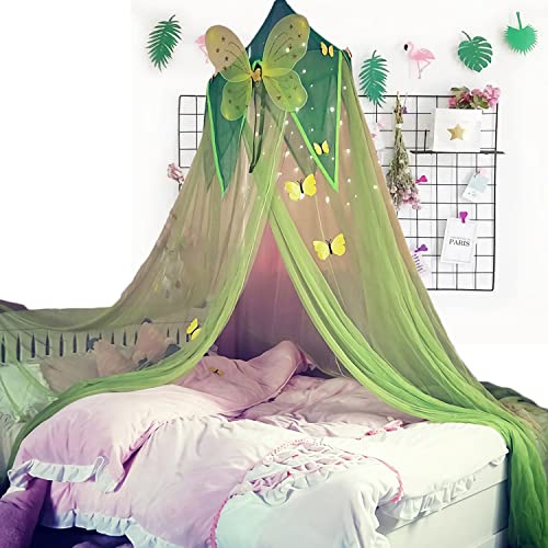 Prinzessinnen-Betthimmel für Mädchenzimmer, Dekoration, doppeltes durchsichtiges Top-Design mit Schmetterlings-Dekor, Grün mit großen Schmetterlingen, Mädchenbetthimmel und Vorhänge
