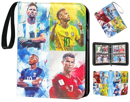 Oirigaga Fussball Sammelkarten Album 4 Fächer, Fußball Karten Sammelalbum Sammelmappe Sammelheft Sammelbuch mit Reißverschluss Tragegriff und 50 Hüllen für 400 Karten, Sport Karten Heft Ordner Mappe