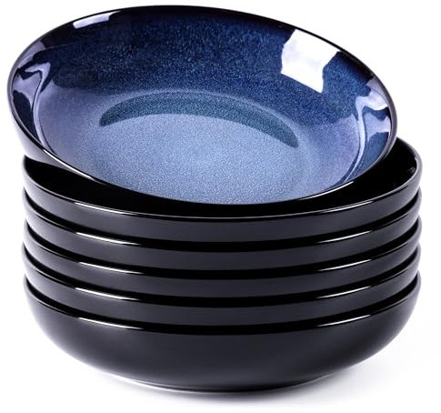 LeRatio Large Pasta Bowls 22cm, Stoneware Deep Plates Set of 6, Scratch Resistant Serving Bowl, Modern Soup Noodle Bowls, Microwave AMD Dishwasher Safe, Space Blue