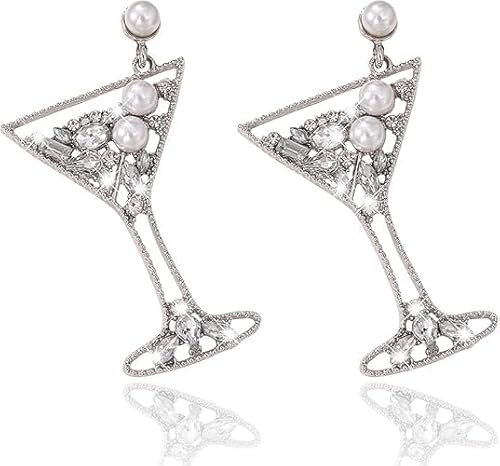 HORREX Boucles D'oreilles En Verre De Vin En Cristal De Cocktail De Boucles D'oreilles Pendantes En Perles Dorées