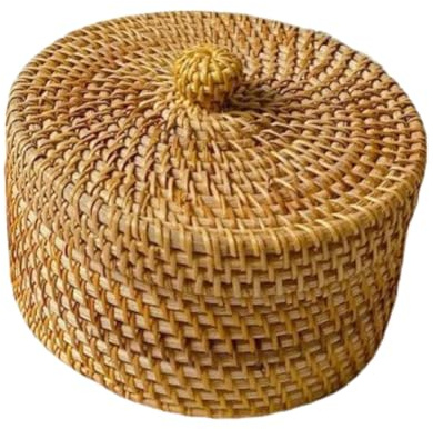 Homeily Round Rattan Storage Basket with Lid, Hand-Woven 5.5-Inch Desktop