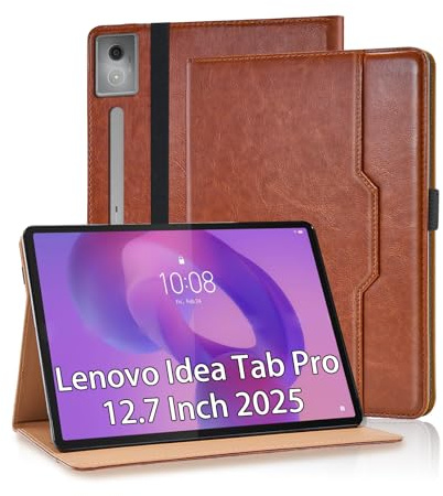 Vkooer Hülle für Lenovo Idea Tab Pro 12.7 Zoll 2025 mit Stifthalter TB-373FU TB-375FC mit S Pen Halter und Dokumentschlitze Premium PU Leder Folio Stand Schutzhülle Tasche Cover Case, Braun
