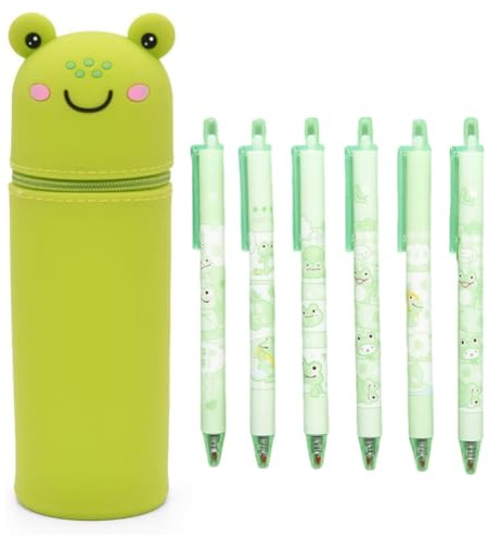 KDFSSIPE 2 in 1 Weiche Silikontasche Kawaii Federmäppchen and 6 x Gelstifte 0,5mm,Stand Up Federmäppchen,Tier Stifthalter Bleistifttasche Mädchen Junge （Frog）