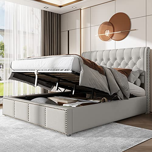 EINHOM Bett 140x200 cm, Polsterbett mit Hydraulischem Stauraum, Doppelbett mit Nietenverzierung, Stauraumbett mit Lattenrost, Grau, Ohne Matratze, Baumwolle-Leinen