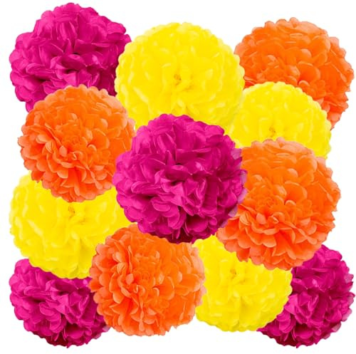GAKA FAVOR 12er Orange Rosa und Gelb Seidenpapier Pompons Set,Tissue Hängedekoration Papier Pompoms Deko für Hochzeit,Taufe,Geburtstag,Kommunion,Valentinstag Muttertag Party Deko