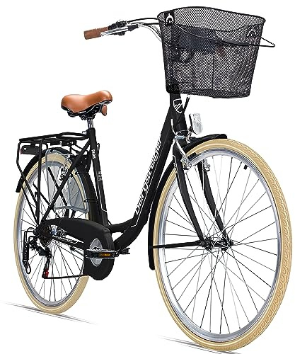 Bergsteiger Paris 26/28 Zoll Citybike Damen Fahrrad Retro 6 Gang | Mit V-Bremsen, StVZO-Beleuchtung, Korb, Fahrradständer und Klingel, ideal ab 160 cm für Stadt und Land.