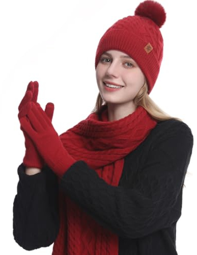 MAZELIKEHOOD Halsduk Set Hatt Handskar Kvinnor Vinter Varm Bobble Hatt med Stickad Halsduk Och Handskar Mjukt Och Bekvämt Tyg Mode Vintertillbehör Perfekt för Julklapp, Röd, one size