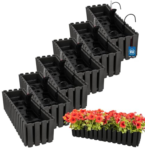 KOTARBAU® Blumenkasten Balkon 58x18x16cm, Balkonkasten mit Wasserspeicher | Blumenkasten für Balkongeländer, Balkonkasten mit Halterung, Pflanzkübel rechteckig, Selbstbewässernd, PVC, Grau, 6er Set