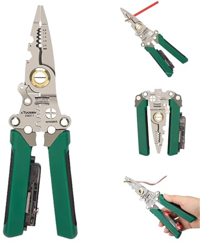 8 in 1 Electricians Pliers, Green Wire Stripper with Voltage Tester, Metal Electrician Tools for Cutting & Pulling, 2.6×8.5 Inches, 1×Cable Stripper for Electrical Work, Crimper, Splitting