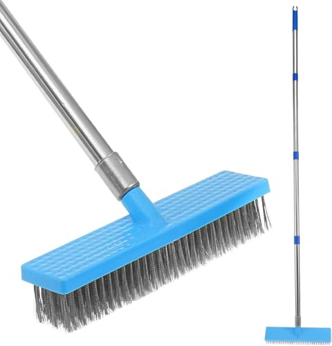 67 Inch Stainless Steel Wire Broom with Long Handle, Stiff Metal Bristle Deck Scrub Brush 4 Detachable Pole, Outdoor Floor Scrub Brush for Cleaning Moss Algae Weed (