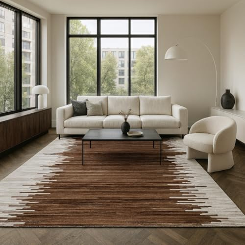 MY-RUG Fellteppich 140x200cm - Echtes Kuhfell - Moderner Rindlederteppich | Handgenähter Streifenteppich aus Rindleder, hochwertige Filz-Rückseite für Boden-Schutz, Unikat in Braun-Weiß für Wohnzimmer
