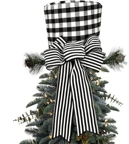 Christmas Tree Topper, 26x20cm Black-and-White Checkered Top Hat Tree Topper with Bow & Faux Plants for Home Decoration Xmas Festive