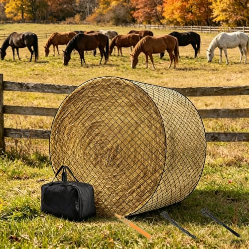 Heunetz Rundballen – ø 150 cm, Höhe 150 cm – Maschenweite 4,5 x 4,5cm – Stabiles Heunetz für Pferde zur langsames Fressen, Großes Heunetz inkl. Tragetasche, engmaschiges Futternetz, für Pferde