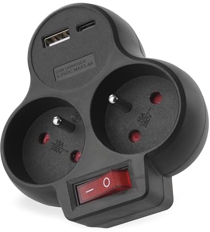 EMOS - Multiprise avec 2 Ports USB et Interrupteur, Double Prise avec Port USB-A et USB-C Max. 3,4 A/17 W - Bouton on/Off - IP20 pour l'intérieur - Noir - 250 V/16 A/3680 W