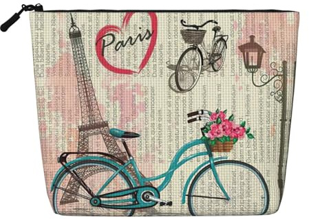 Eiffel Tower Bike Cosmetic Organizer Large Fake Hemp Bag, Water Resistant Zippered Pouch for Daily Travel