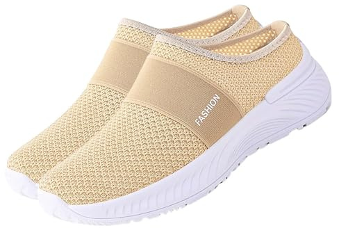 Nättofflor för damer, ventilerande pantolettortopediska skor för damer, ventilerande sandaletter, slip-on, trädgårdsskor, diabetiker, slip-skor, lätta strandskor, luftkuddar, tofflor, Beige, 42 EU